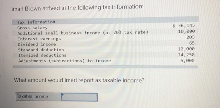 Imari brown arrived at the following tax information